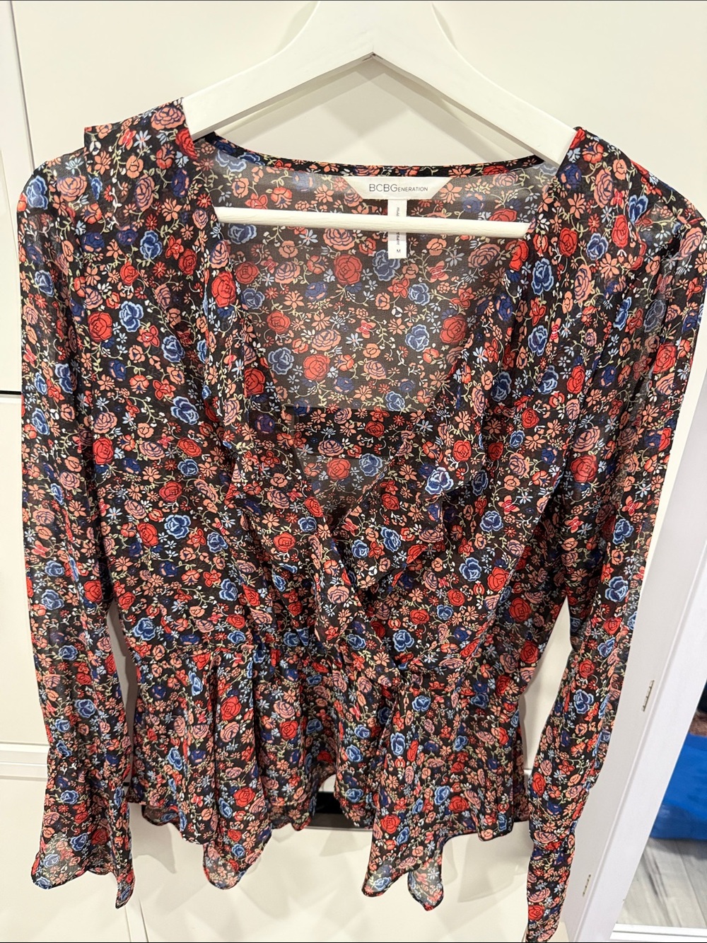 BCBG Floral Ruffle Wrap Blouse - Red & Blue Roses